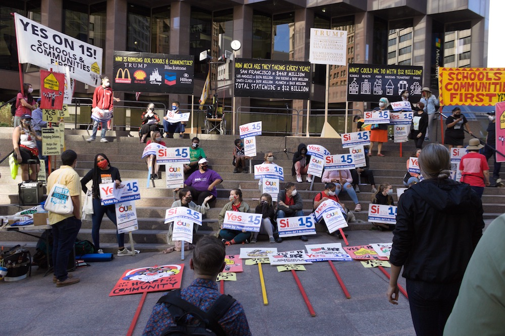 Teachers, nurses, students rally for Prop. 15: Event at Trump-owned building focuses on property-tax reform.